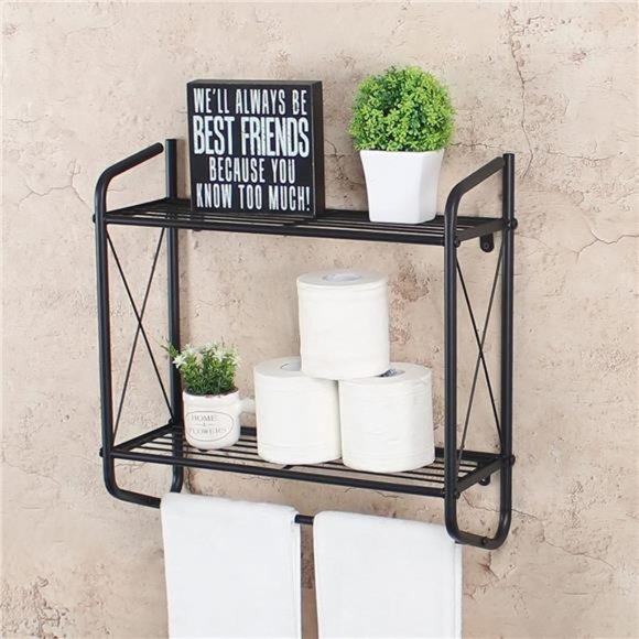 Bathroom Shelf w/ Towel BarRustic Bathroom Shelves Wall Mounted 2 Layer Black